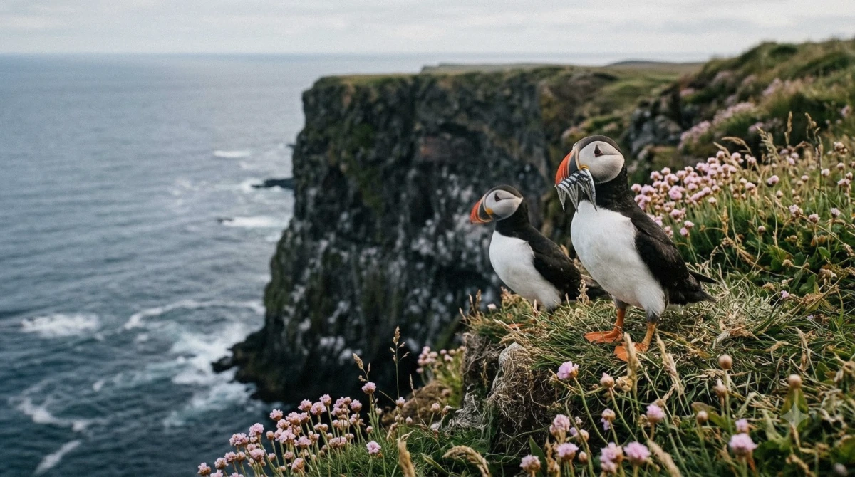 Puffins on the clifftop at Látrabjarg, the day-two stop on the 3-day Westfjords tour from Reykjavík that also visits Dynjandi waterfall, Iceland