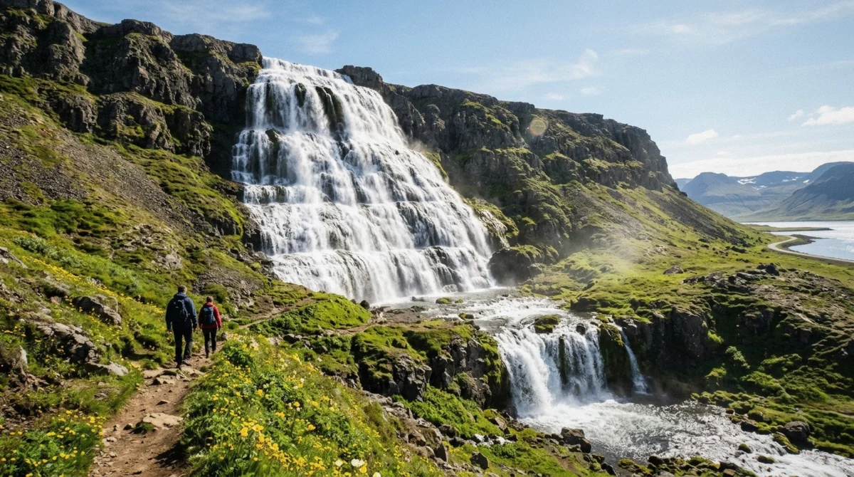 Dynjandi waterfall dropping in wide stepped tiers above Arnarfjörður in the Westfjords of Iceland, the view at the center of whether Dynjandi waterfall is worth the detour
