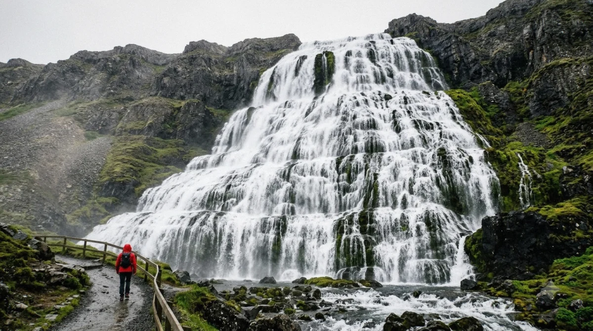 White water spreading across stepped basalt ledges on the main drop of Dynjandi waterfall, the stop on the bus tour from Ísafjörður in the Westfjords of Iceland