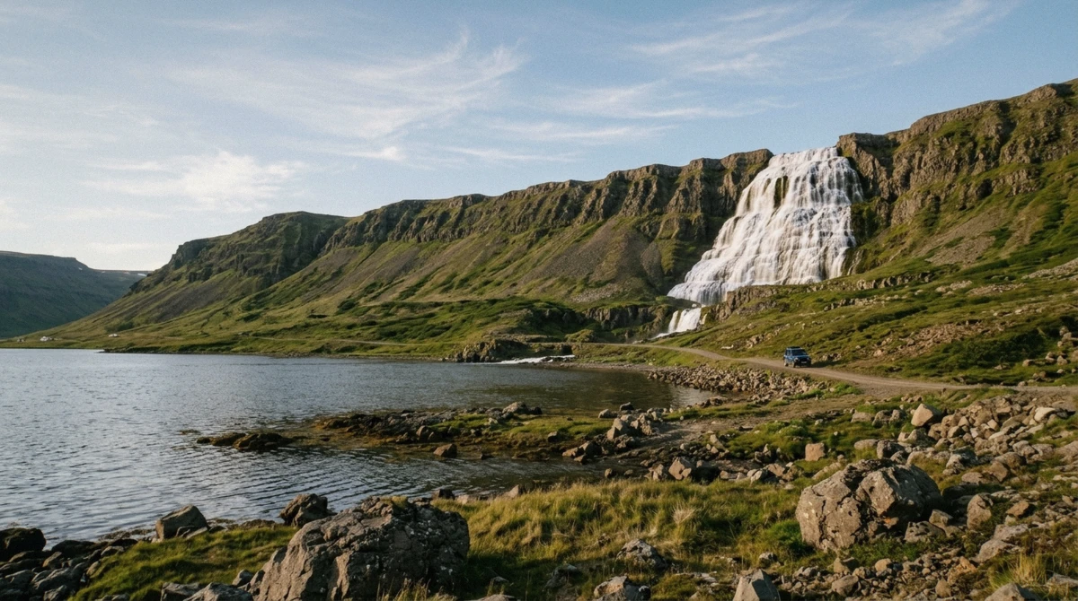 Dynjandi waterfall seen across the flats at the head of Arnarfjörður, the main stop on the private superjeep tour from Ísafjörður in the Westfjords, Iceland