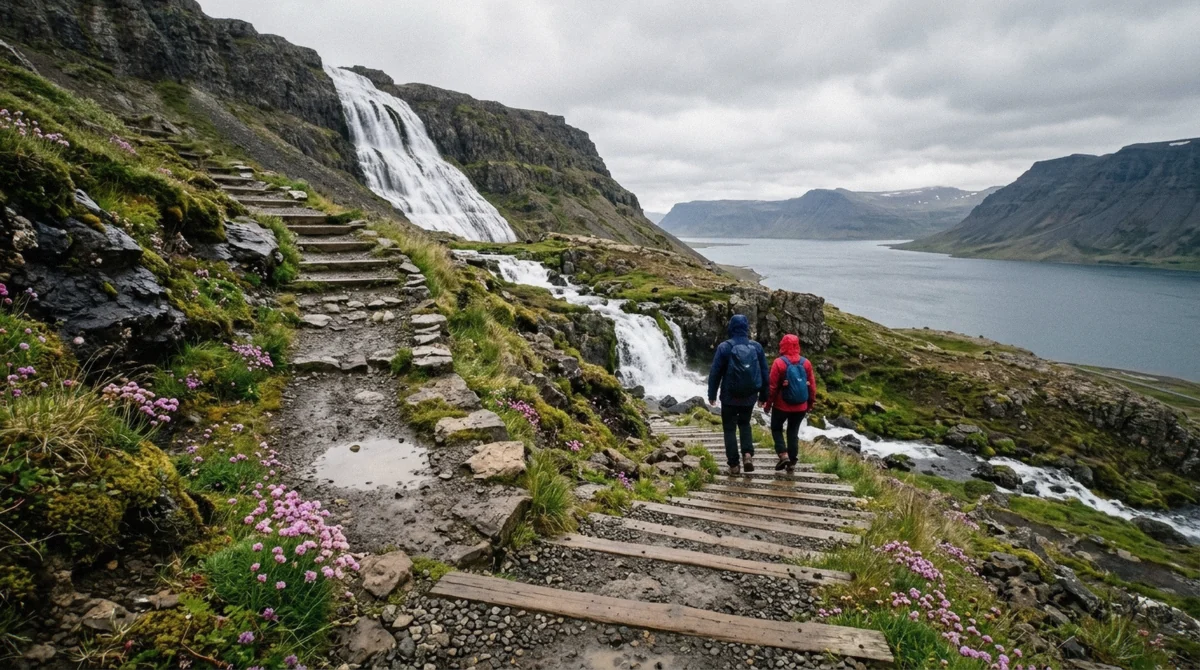 The stone path climbing past the smaller falls below Dynjandi waterfall, walked on the farm tour from Ísafjörður in the Westfjords of Iceland