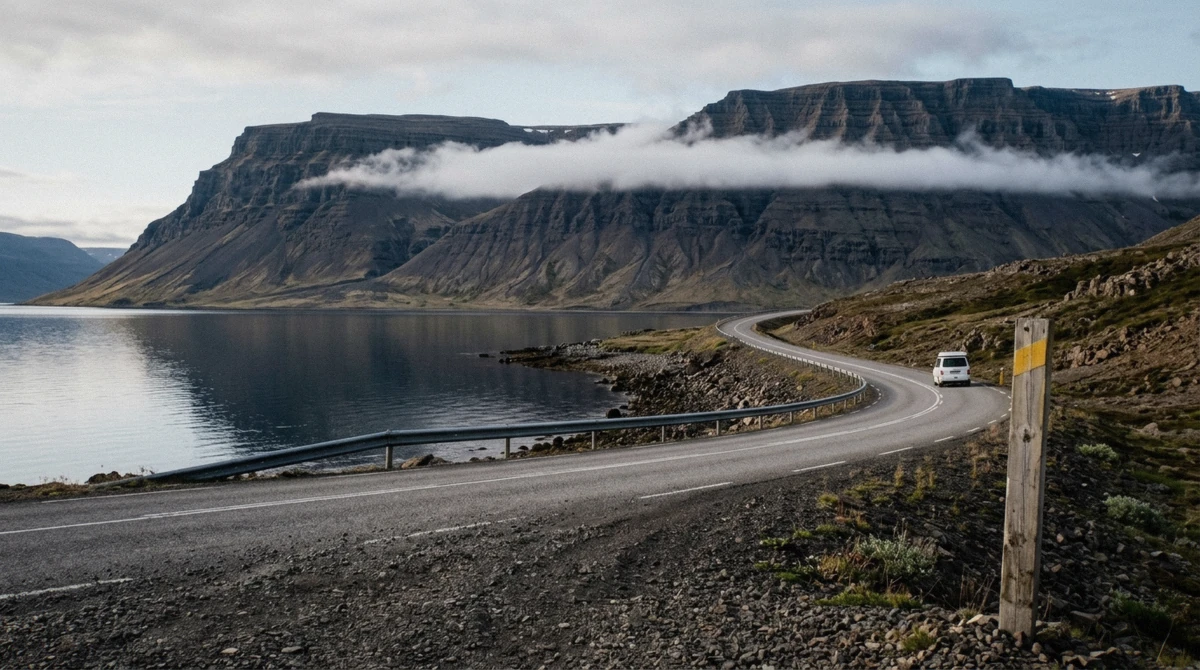 The fjord road along Arnarfjörður under flat-topped basalt mountains, driven on the private Dynjandi waterfall superjeep tour from Ísafjörður, Iceland